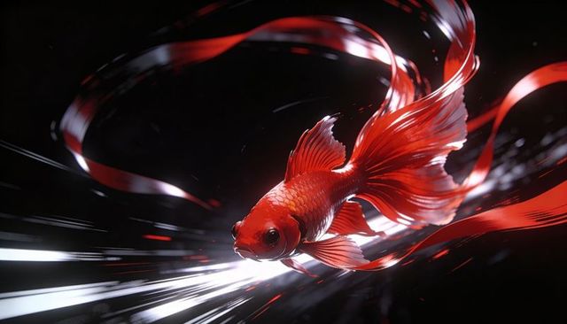 Glowing red goldfish gliding through neon light streaks