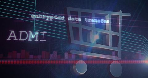 Encrypted Ecommerce Data Visualization with Shopping Cart Icon and Cybersecurity Analytics