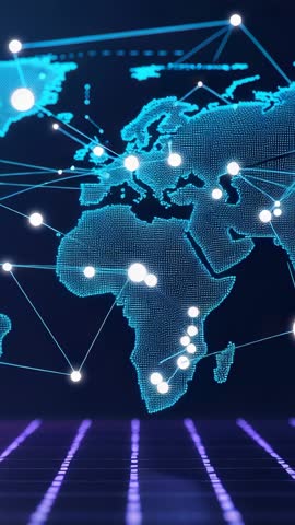 Vertical video of pulsing data network connecting Europe and Africa over neon digital grid