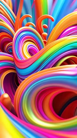 Vertical 3D animation of colorful ribbons unfolding and flowing with bouncing spheres