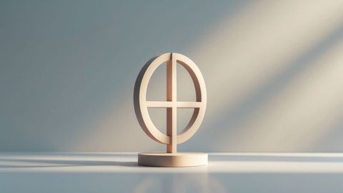 Minimalist beige ring sculpture on reflective platform in modern studio