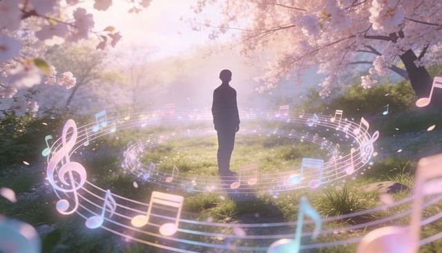 Silhouette standing in enchanted cherry blossom meadow surrounded by glowing musical staff