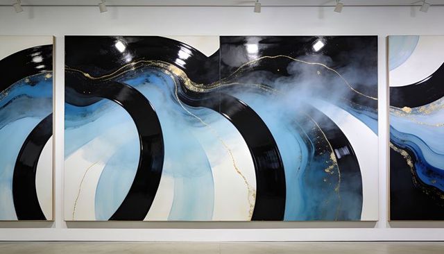 Displaying triptych wall art featuring glossy black arcs, blue washes and gold veins