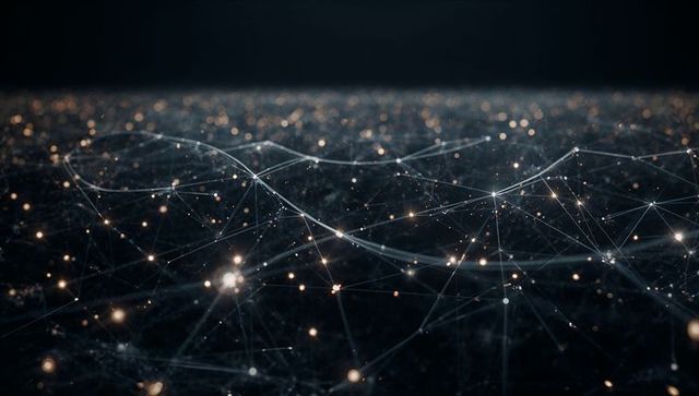Luminous Network Mesh Spreading Across Dark Plane with Glowing Nodes and Filaments
