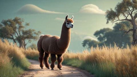 Brown llama standing on verdant pathway amid serene countryside