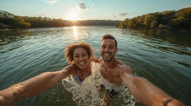 Smiling couple taking lake selfie at sunset splashing water and laughing together
