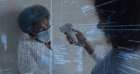 Nurse taking contactless forehead temperature through partition with ar data overlay