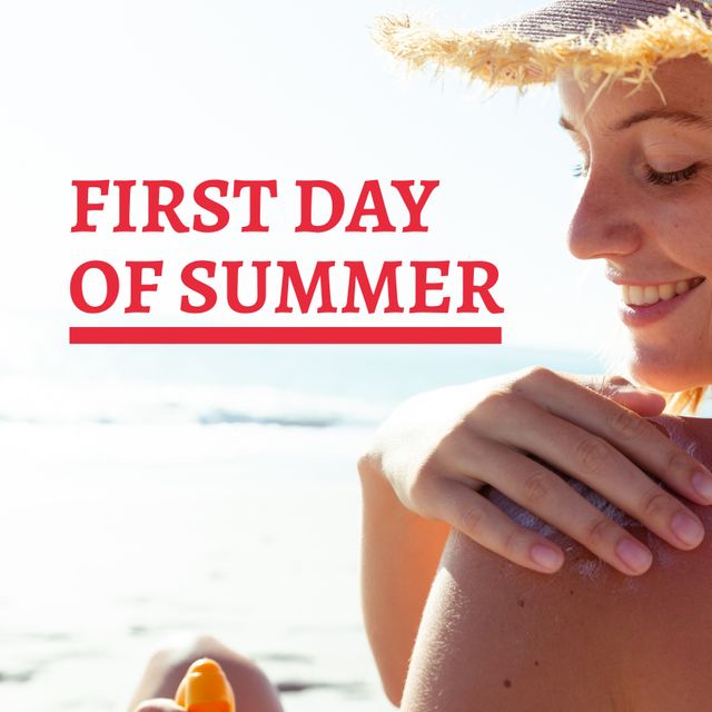 A smiling woman wearing a hat is applying sunscreen lotion while sitting at the beach on the first day of summer. Perfect for promoting skincare products, summer vacations, beach-related activities, and outdoor enjoyment. Suitable for advertisements, blog posts, social media, travel websites, and summer-themed promotional materials.