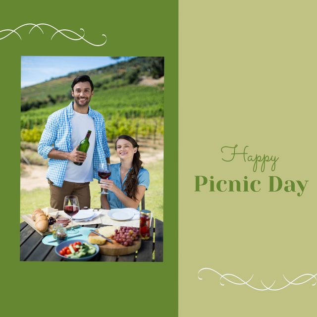 Couple Enjoying Picnic with Wine in Vineyard on Sunny Day - Download Free Stock Templates Pikwizard.com