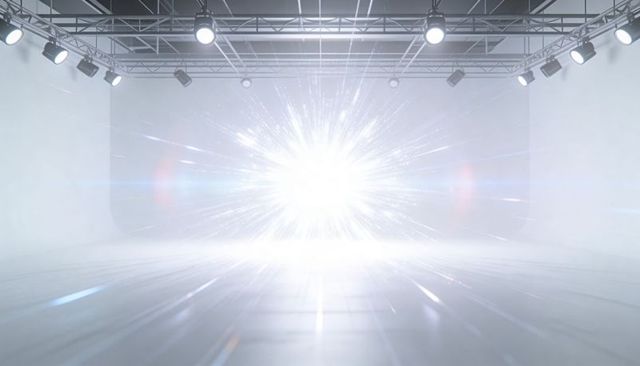 Intense White Light Burst Flooding Studio Stage with Cinematic Lens Flare and Spotlights