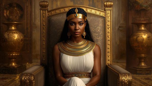 Elegant queen sitting on ornate throne in luxurious royal chamber