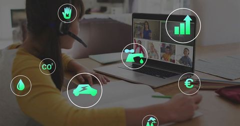 Child learning remotely with eco icons overlay, online classroom and sustainability ideas