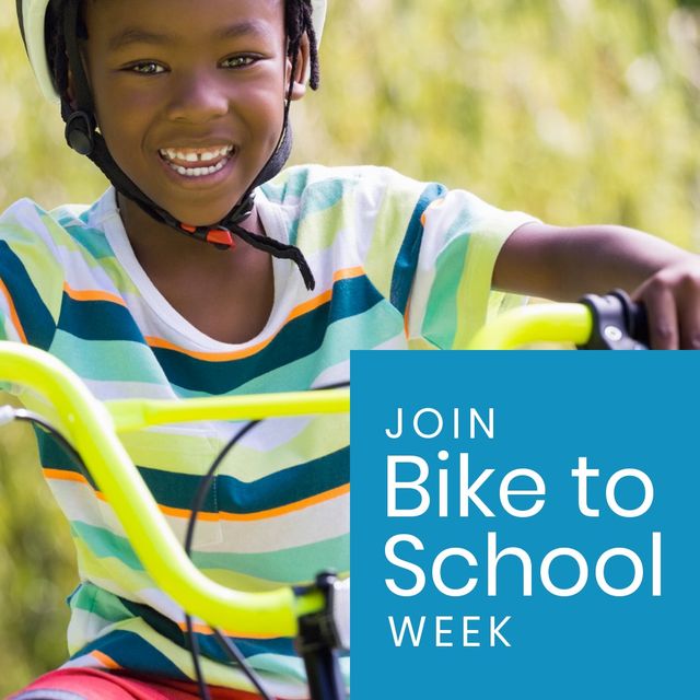 Join bike to school week text over blue banner against african american boy riding a bicycle. Bike to school week awareness concept