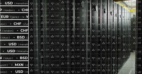 Stock Market Data Overlay on Modern Server Room