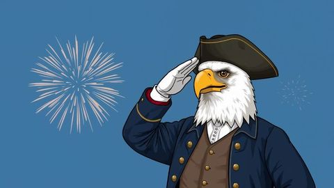 Eagle officer saluting in tricorne hat with fireworks celebration
