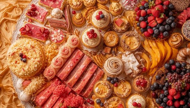 Luxe dessert platter showcasing layered cakes, mousse jars and fresh berries for banquet