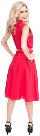 Caucasian woman in red dress posing on transparent background