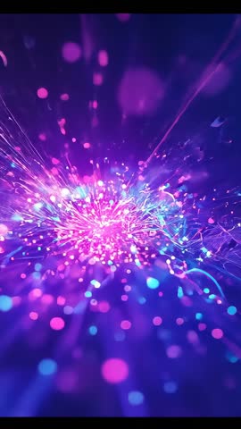 Vertical neon energy burst looping video pulsing particle cluster emitting glowing strands