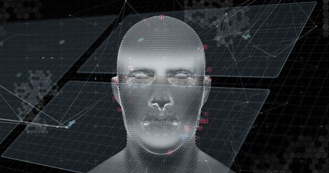 Futuristic digital human head with data interface