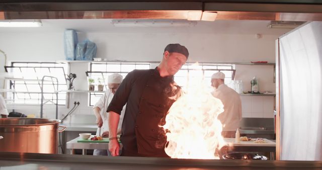 Professional Chef Cooking with Flames in Restaurant Kitchen - Download Free Stock Images Pikwizard.com