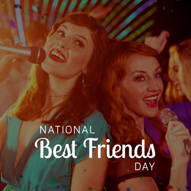 This image showcases two happy women singing together, celebrating National Best Friends Day. The vibrant party atmosphere and joyful expressions highlight the essence of friendship and togetherness. Ideal for use in social media posts, friendship-themed websites, and marketing materials that emphasize bonding and happiness among friends.