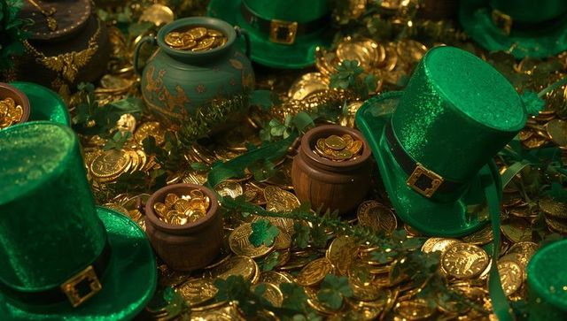 Shimmering st patrick's day treasure with green top hats, gold coins, shamrock garlands