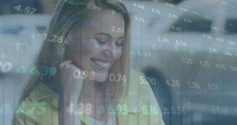 Caucasian Woman Enjoying Cafe Chat Surrounded by Virtual Stock Data