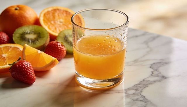 Refreshing orange juice resting on marble with fresh citrus, kiwi and strawberries