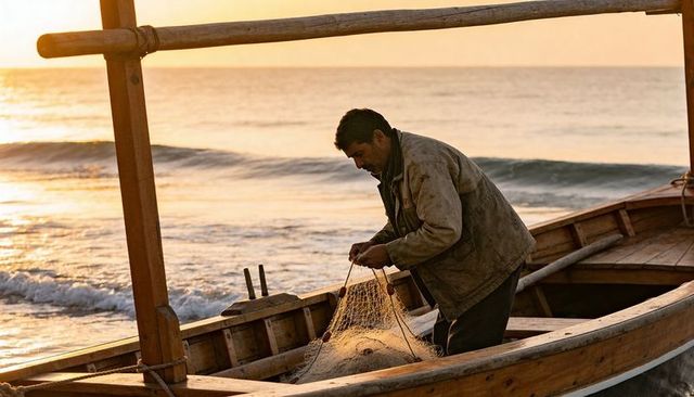 Fisherman mending net on wooden skiff at sunset