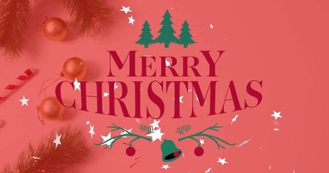 Coral red merry christmas serif typography with baubles pine branches and candy cane