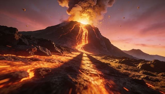 Cinematic erupting volcano pouring molten lava flow at dusk with ash plume and glowing channels