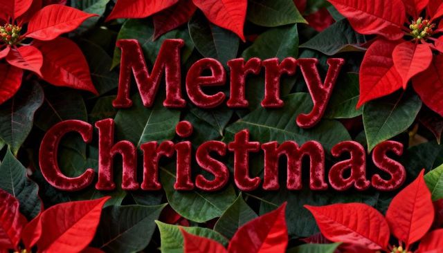 Red Velvet Merry Christmas Lettering Over Poinsettia Leaves Holiday Greeting Backdrop