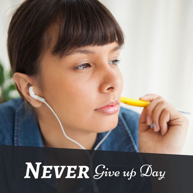 Shows young Asian woman lost in thought while listening to music, symbolizing contemplation and determination for Never Give Up Day. Perfect for motivational campaigns, inspirational posters, youth empowerment settings, and articles on perseverance.