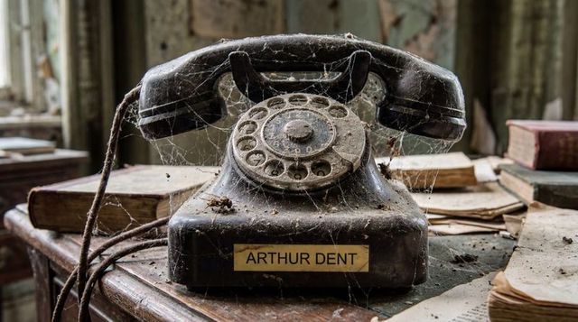 Dusty rotary telephone sitting on desk with arthur dent nameplate in abandoned office