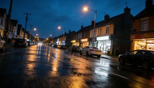Wet urban street reflecting neon and streetlight glow at blue hour with parked cars
