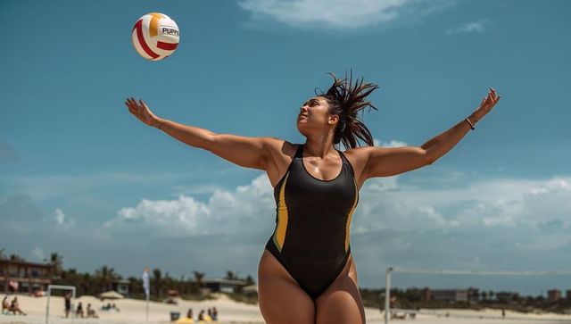 Reaching beach volleyball player spiking ball on sunny coastal sand court, dynamic athletic action