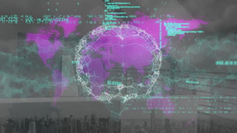 Digital Brain and World Map Overlay Cityscape for Conceptual Data Analysis