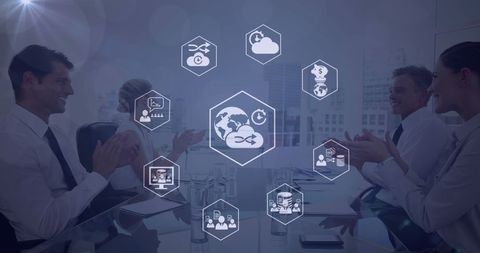 Business Team Celebrating with Global Data Connections Icons - Download Free Stock Images Pikwizard.com