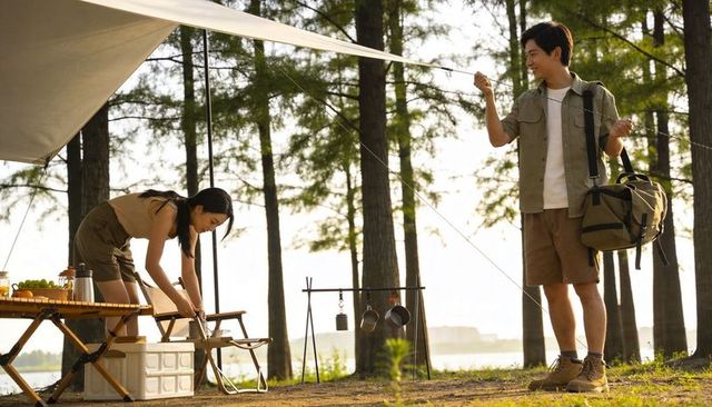 Couple unpacking lakeside camp gear under tarp canopy during golden hour, outdoor cooking
