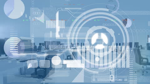 Futuristic Digital Interface Over Open Office Environment