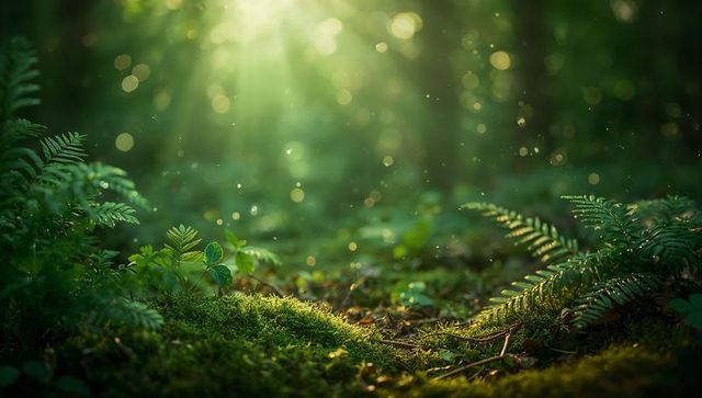 Glowing moss mound catching golden sunbeams in enchanted forest with floating pollen bokeh