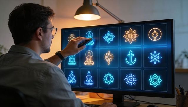 Man Selecting Neon Yoga Icons on Monitor with Remote in Modern Home Office Workspace