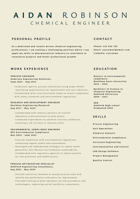 This professional chemical engineer resume template features a clean and modern design, which enhances the appeal of job applications. It includes sections for personal profile, contact information, work experience, education, skills, and references. The layout is minimalist, making it easy to read and well-organized, ideal for professionals in engineering fields looking to present their qualifications effectively. It is editable in Microsoft Word and available in PDF format, perfect for both digital and print usage.