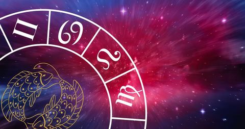Zodiac Symbol Wheel with Pisces and Cosmic Background