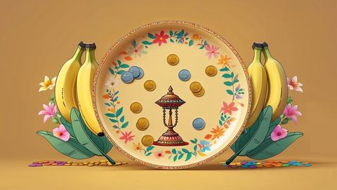 Decorative tray with coins inspires abundance and culture, vishu festival