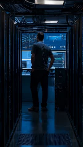 IT Administrator Monitoring Real-Time Server Metrics While Walking Down Data Center Aisle