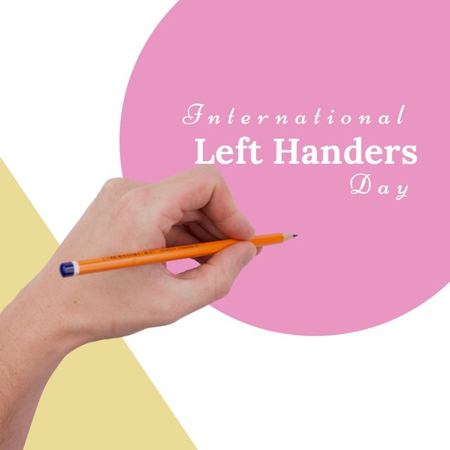 Cropped left-handed person holding pencil with international left handers day text, copy space. Digital composite, sinistrality, celebrate uniqueness and differences of left-handed individuals.