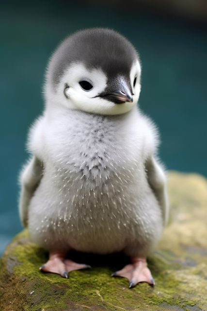 Portrait of white and grey baby penguin staying on moss, created using generative ai technology. Nature, chick, cold and winter concept digitally generated image.