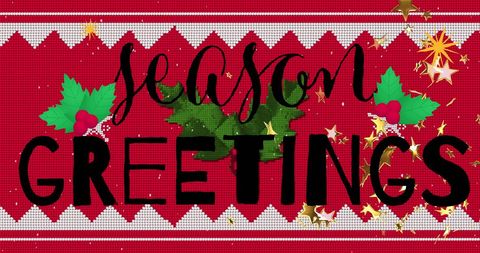 Festive Season Greetings with Holly Decorations on Red