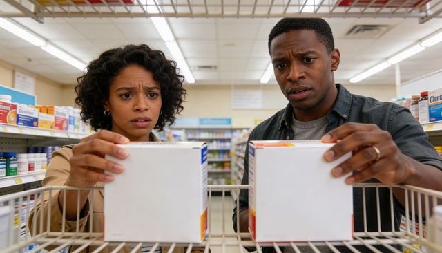 Young couple comparing medication boxes on pharmacy shelf, confused over choice